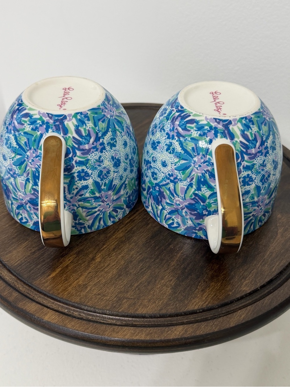Lilly Pulitzer Ceramic Mug Set of 2 Blue Purple Floral Gold Handle xx Lilly - Picture 9 of 11